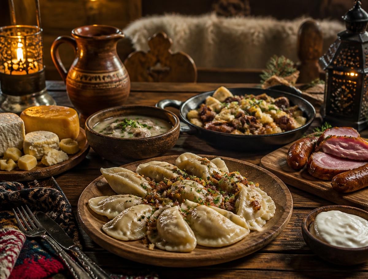 Pierogi, cheese and mountain dishes on a rustic wooden table