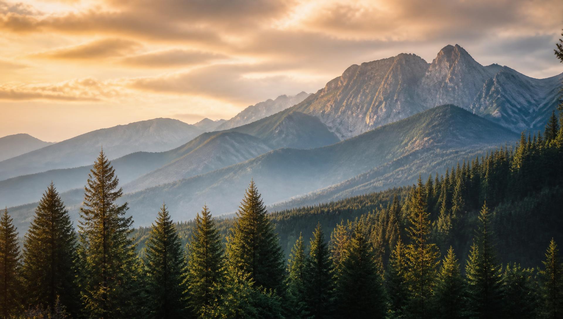 Tatra mountain ridges above pine forest at golden hour near Zakopane, Poland