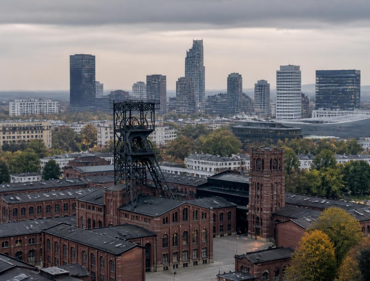 Katowice skyline behind red brick Silesian coal mine buildings