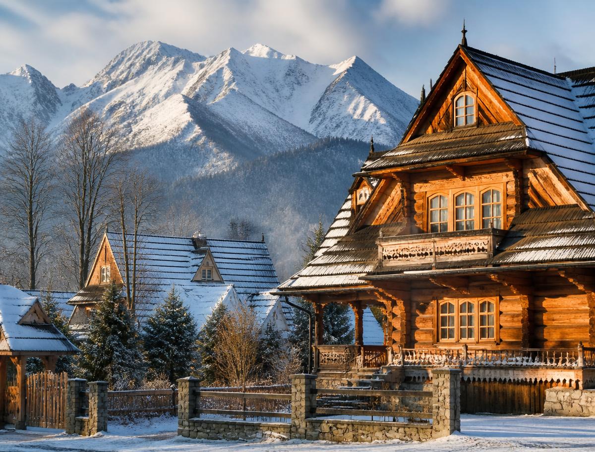 Wooden highlander house in Zakopane below snow-covered Tatra peaks